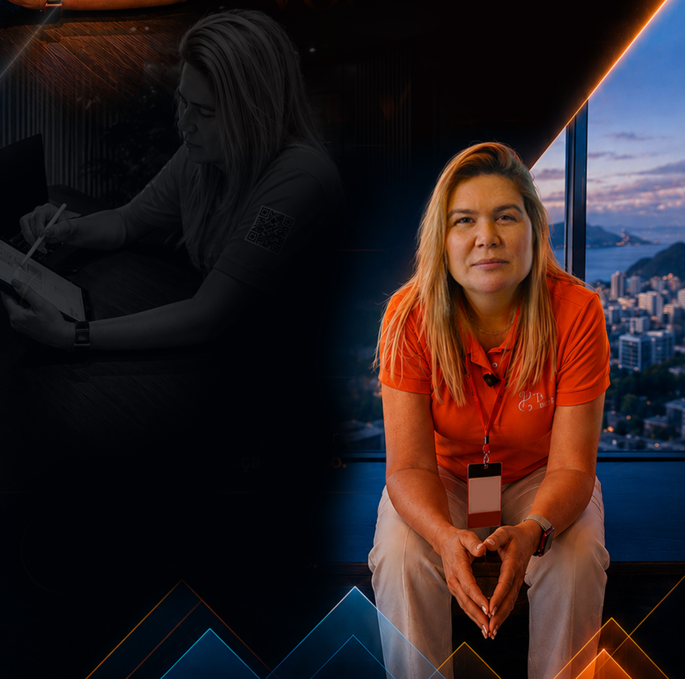 Paolla Crestani em ambiente empresarial